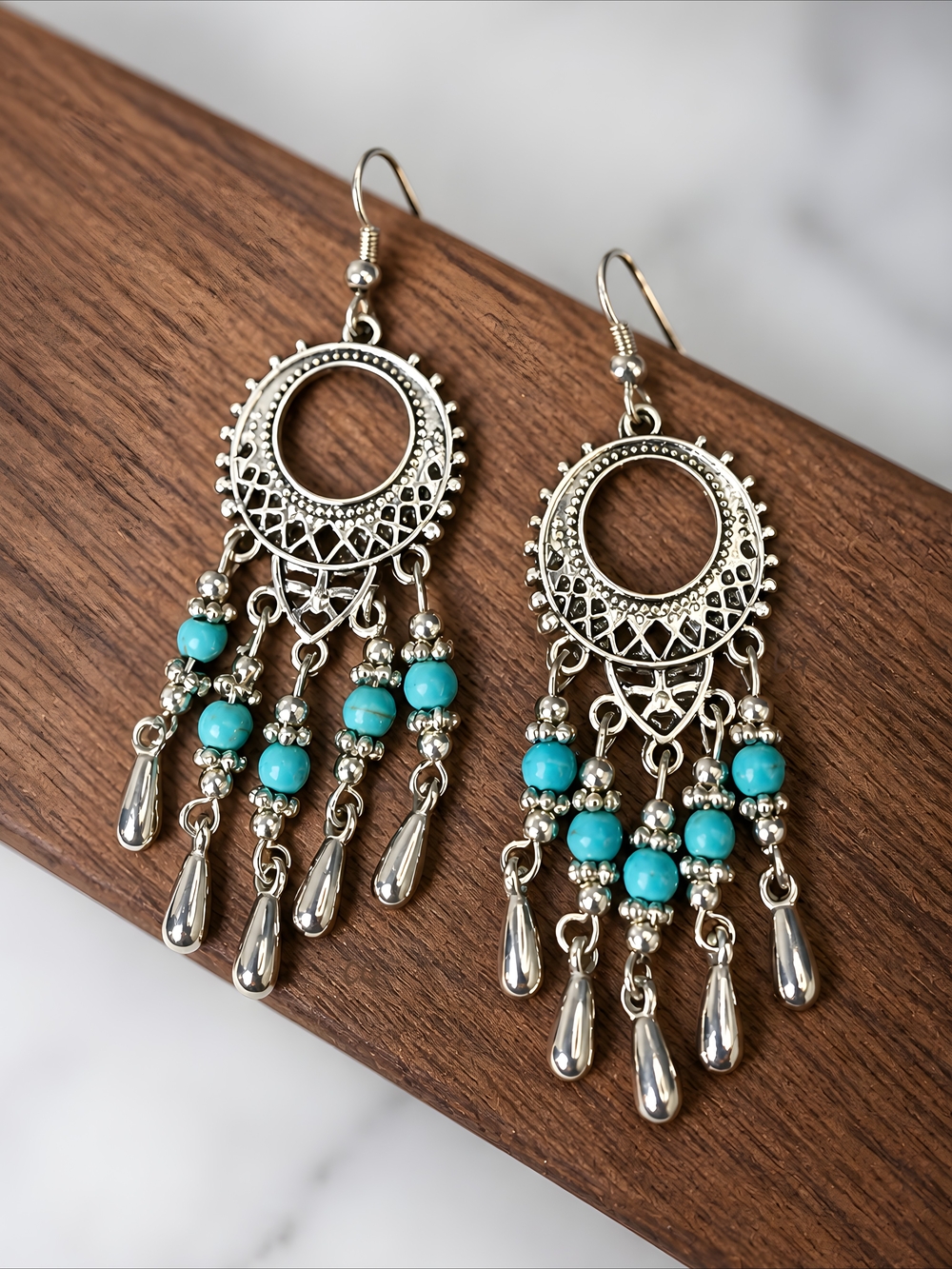 Silver Dream Catcher Turquoise Beaded Boho Dangle Earrings